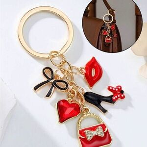 Charming Gold and Red Keychain with Bow and Heart Charms